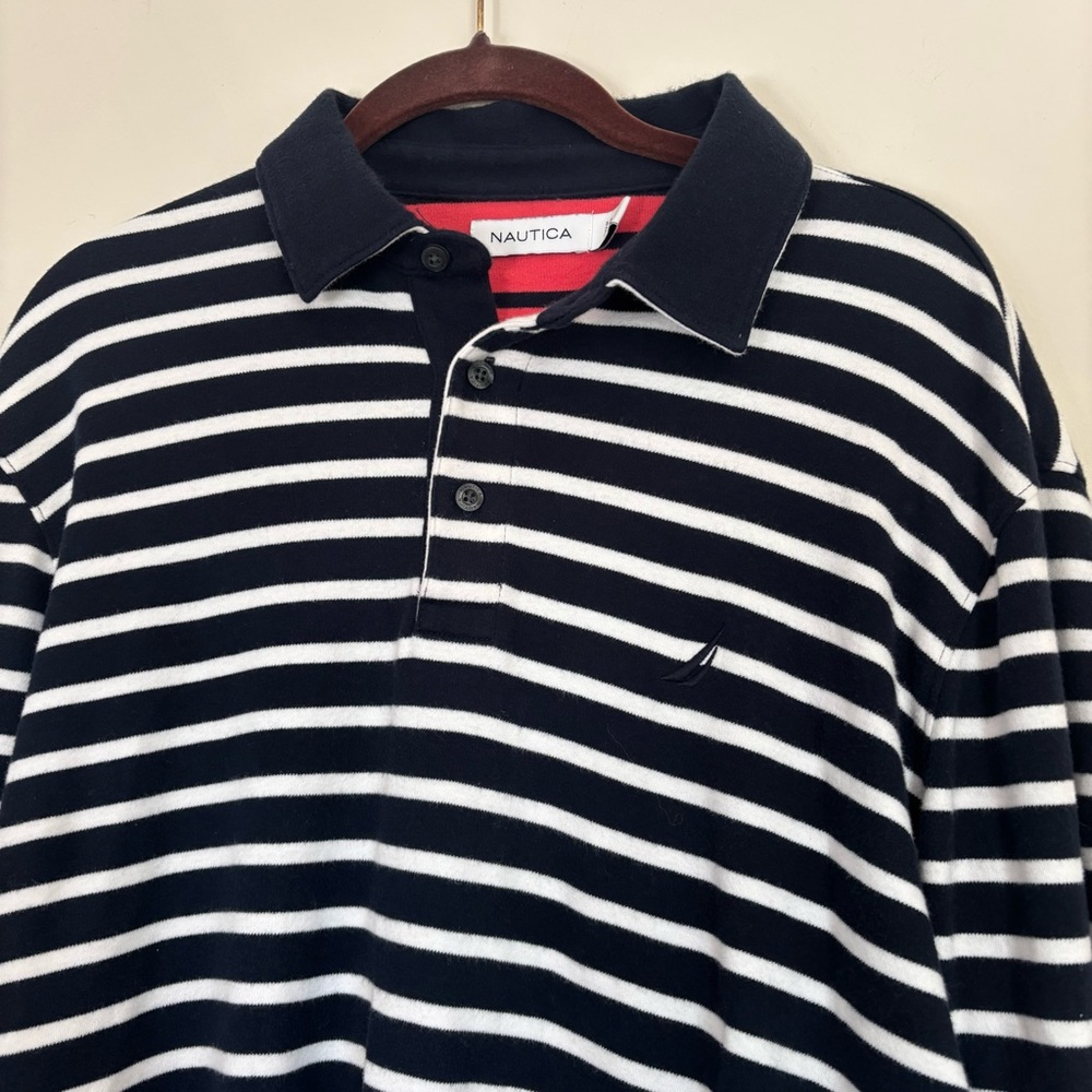 Nautica Navy Blue and White Striped Long Sleeve Polo Shirt - Picture 2 of 6